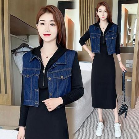 FA39508# 时尚套装裙女春秋季新款洋气减龄连帽牛仔马甲两件套 服裝批發女裝批發服飾貨源