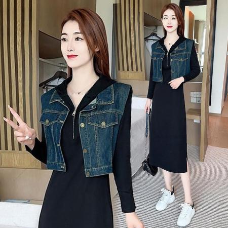 FA39508# 时尚套装裙女春秋季新款洋气减龄连帽牛仔马甲两件套 服裝批發女裝批發服飾貨源