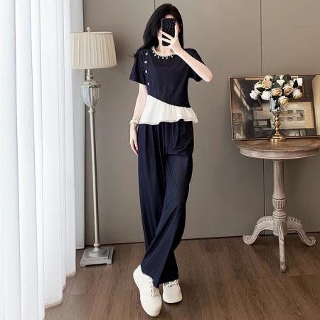 FA39514# 时尚韩版套装女夏季新款设计感短袖上衣阔腿裤两件套潮 服裝批發女裝批發服飾貨源