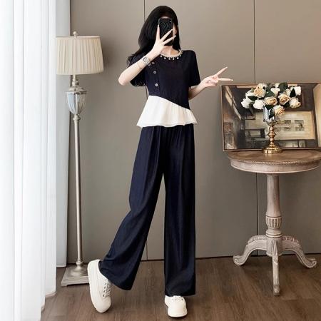 FA39514# 时尚韩版套装女夏季新款设计感短袖上衣阔腿裤两件套潮 服裝批發女裝批發服飾貨源