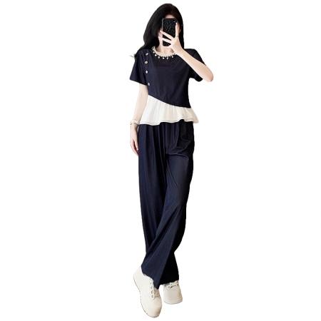 FA39514# 时尚韩版套装女夏季新款设计感短袖上衣阔腿裤两件套潮 服裝批發女裝批發服飾貨源