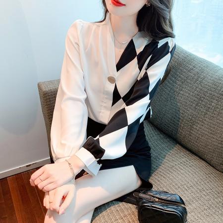 FA39523# 秋季新款短款宽松高腰显瘦气质轻熟女士V领衬衫 服裝批發女裝批發服飾貨源