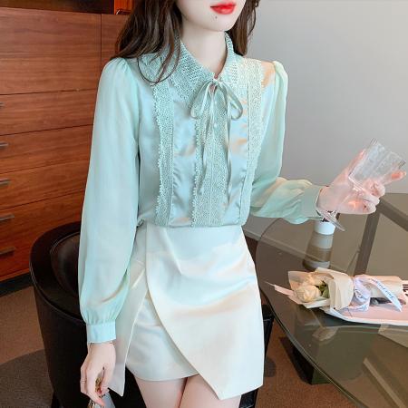FA39524# 秋季新款设计感绿色雪纺衬衣OL职业蕾丝法式小众上衣衬衫女潮 服裝批發女裝批發服飾貨源