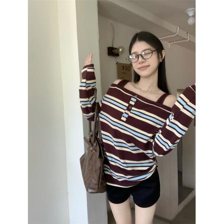 FA39530# 真设计感撞色条纹露肩长袖T恤女秋季显瘦 服裝批發女裝批發服飾貨源