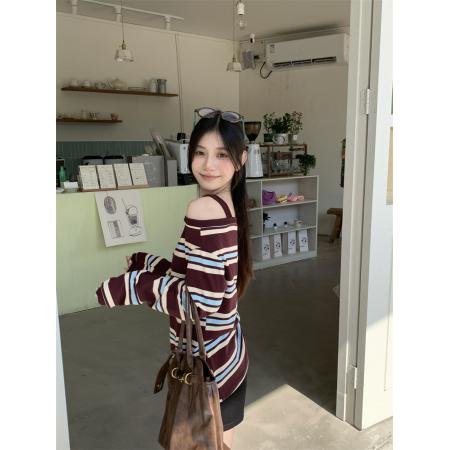 FA39530# 真设计感撞色条纹露肩长袖T恤女秋季显瘦 服裝批發女裝批發服飾貨源