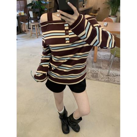 FA39530# 真设计感撞色条纹露肩长袖T恤女秋季显瘦 服裝批發女裝批發服飾貨源