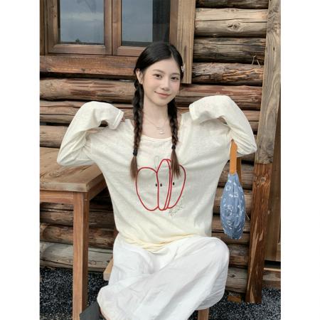 FA39532# 真复古罩衫刺绣长袖t恤女宽松慵懒风上衣 服裝批發女裝批發服飾貨源