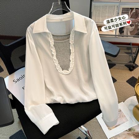 FA39533# 秋季新款时尚洋气假两件拼接长袖衬衫女设计感百搭显瘦减龄上衣潮 服裝批發女裝批發服飾貨源