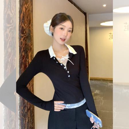 FA39535# 假两件打底衫长袖t恤女春秋新款修身显瘦设计感上衣 服裝批發女裝批發服飾貨源