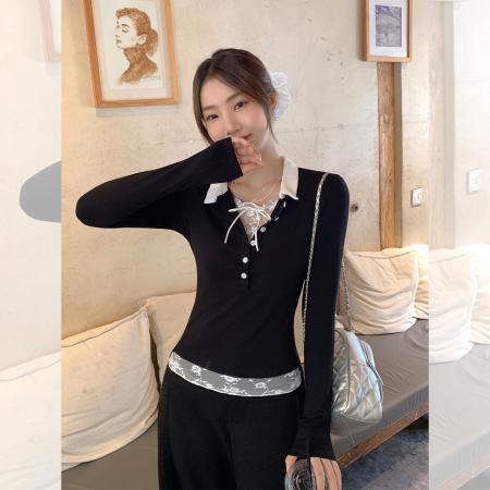 FA39535# 假两件打底衫长袖t恤女春秋新款修身显瘦设计感上衣 服裝批發女裝批發服飾貨源