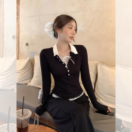 FA39535# 假两件打底衫长袖t恤女春秋新款修身显瘦设计感上衣 服裝批發女裝批發服飾貨源