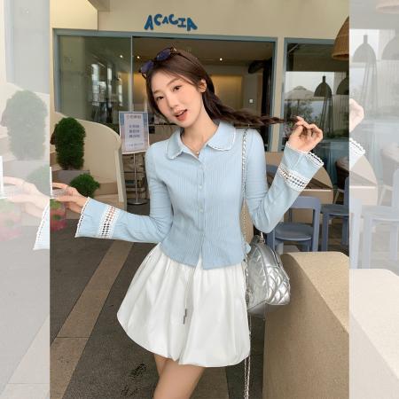 FA39536# 别致蕾丝针织喇叭长袖t恤开衫外套初秋新款小上衣女 服裝批發女裝批發服飾貨源