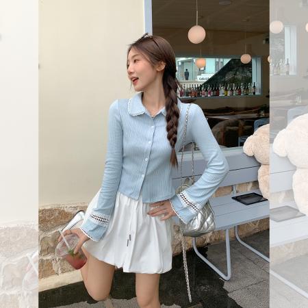 FA39536# 别致蕾丝针织喇叭长袖t恤开衫外套初秋新款小上衣女 服裝批發女裝批發服飾貨源