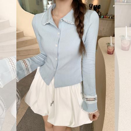 FA39536# 别致蕾丝针织喇叭长袖t恤开衫外套初秋新款小上衣女 服裝批發女裝批發服飾貨源