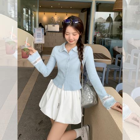 FA39536# 别致蕾丝针织喇叭长袖t恤开衫外套初秋新款小上衣女 服裝批發女裝批發服飾貨源