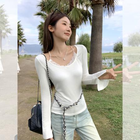 FA39539# 假两件蕾丝吊带长袖T恤女秋新款纯欲设计感白色上衣 服裝批發女裝批發服飾貨源