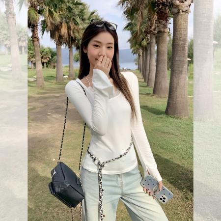 FA39539# 假两件蕾丝吊带长袖T恤女秋新款纯欲设计感白色上衣 服裝批發女裝批發服飾貨源