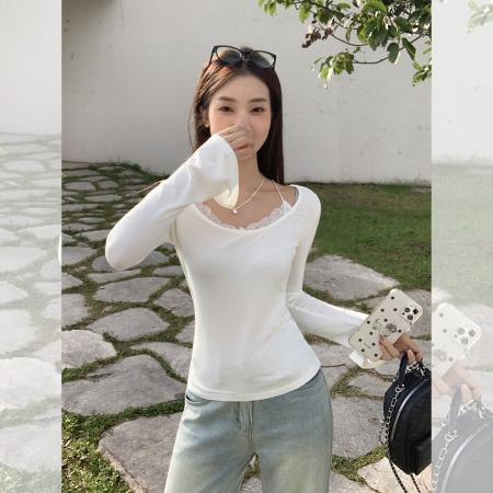 FA39539# 假两件蕾丝吊带长袖T恤女秋新款纯欲设计感白色上衣 服裝批發女裝批發服飾貨源