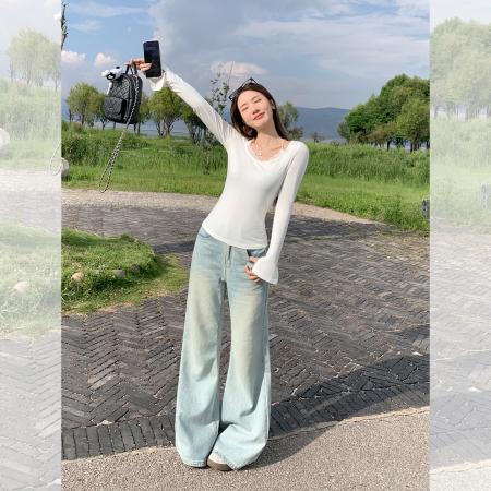 FA39539# 假两件蕾丝吊带长袖T恤女秋新款纯欲设计感白色上衣 服裝批發女裝批發服飾貨源