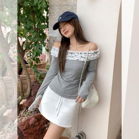 FA39540# 韩系木耳花边拼接一字领露肩长袖T恤女设计感褶皱小上衣 服裝批發女裝批發服飾貨源