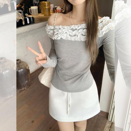 FA39540# 韩系木耳花边拼接一字领露肩长袖T恤女设计感褶皱小上衣 服裝批發女裝批發服飾貨源