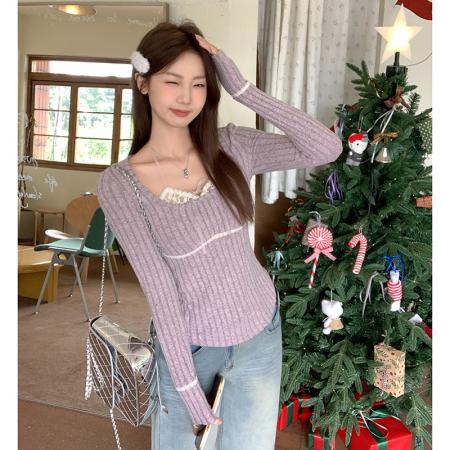 FA39541# 性感蕾丝挂脖假两件针织衫女秋冬辣妹内搭短款锁骨上衣 服裝批發女裝批發服飾貨源
