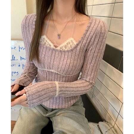 FA39541# 性感蕾丝挂脖假两件针织衫女秋冬辣妹内搭短款锁骨上衣 服裝批發女裝批發服飾貨源
