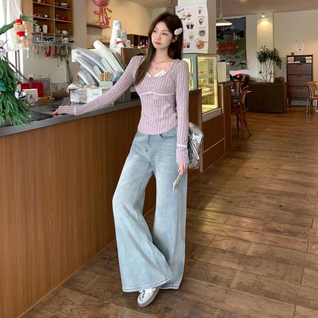 FA39541# 性感蕾丝挂脖假两件针织衫女秋冬辣妹内搭短款锁骨上衣 服裝批發女裝批發服飾貨源