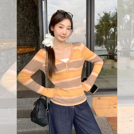 FA39542# 秋季桔色撞色假两件V领长袖T恤女辣妹修身显瘦小上衣 服裝批發女裝批發服飾貨源