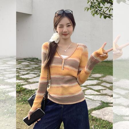 FA39542# 秋季桔色撞色假两件V领长袖T恤女辣妹修身显瘦小上衣 服裝批發女裝批發服飾貨源