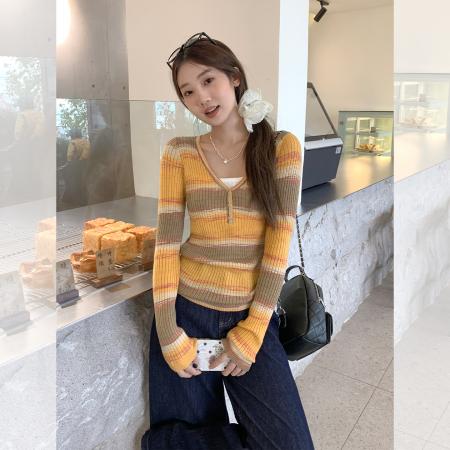 FA39542# 秋季桔色撞色假两件V领长袖T恤女辣妹修身显瘦小上衣 服裝批發女裝批發服飾貨源