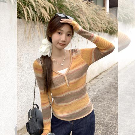 FA39542# 秋季桔色撞色假两件V领长袖T恤女辣妹修身显瘦小上衣 服裝批發女裝批發服飾貨源