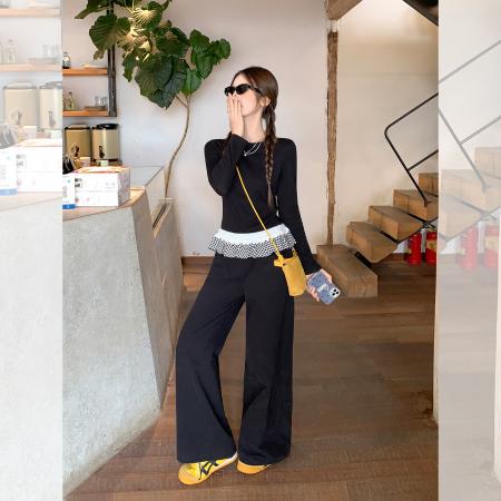 FA39543# 辣妹圆领花边荷叶边拼接下摆长袖T恤女秋季显瘦上衣 服裝批發女裝批發服飾貨源