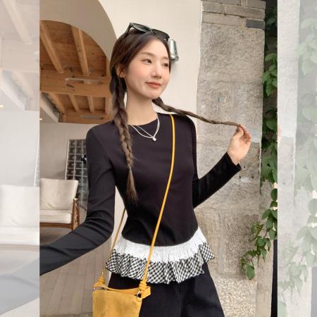 FA39543# 辣妹圆领花边荷叶边拼接下摆长袖T恤女秋季显瘦上衣 服裝批發女裝批發服飾貨源