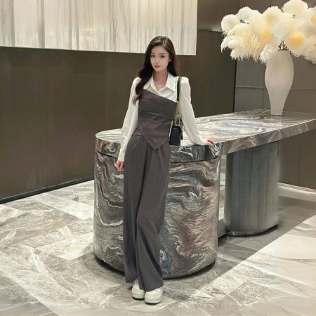 FA39545# 新款秋季气质优雅高腰显瘦假两件长袖上衣+裤子套装 服裝批發女裝批發服飾貨源