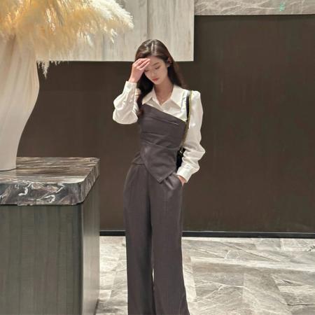 FA39545# 新款秋季气质优雅高腰显瘦假两件长袖上衣+裤子套装 服裝批發女裝批發服飾貨源