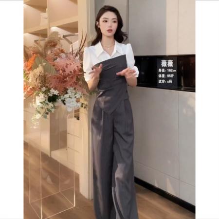 FA39545# 新款秋季气质优雅高腰显瘦假两件长袖上衣+裤子套装 服裝批發女裝批發服飾貨源