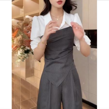 FA39545# 新款秋季气质优雅高腰显瘦假两件长袖上衣+裤子套装 服裝批發女裝批發服飾貨源