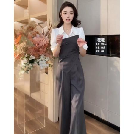 FA39545# 新款秋季气质优雅高腰显瘦假两件长袖上衣+裤子套装 服裝批發女裝批發服飾貨源