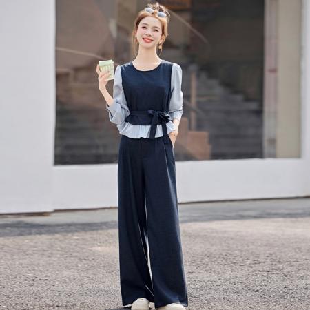 FA39546# 时尚流行超火套装女春秋新款长袖衬衫拼接马甲阔腿长裤两件套 服裝批發女裝批發服飾貨源