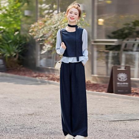 FA39546# 时尚流行超火套装女春秋新款长袖衬衫拼接马甲阔腿长裤两件套 服裝批發女裝批發服飾貨源
