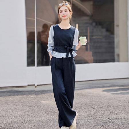 FA39546# 时尚流行超火套装女春秋新款长袖衬衫拼接马甲阔腿长裤两件套 服裝批發女裝批發服飾貨源