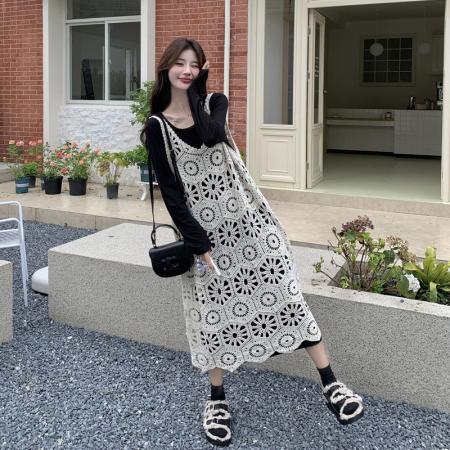 FA39547# 法式蕾丝镂空叠穿T恤裙套装秋季新款宽松慵懒风连衣裙两件套 服裝批發女裝批發服飾貨源