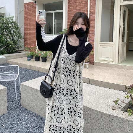 FA39547# 法式蕾丝镂空叠穿T恤裙套装秋季新款宽松慵懒风连衣裙两件套 服裝批發女裝批發服飾貨源