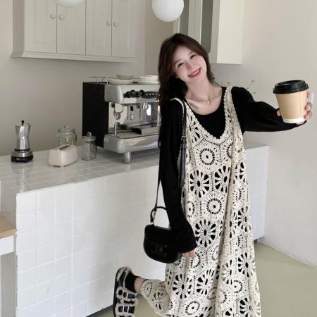 FA39547# 法式蕾丝镂空叠穿T恤裙套装秋季新款宽松慵懒风连衣裙两件套 服裝批發女裝批發服飾貨源