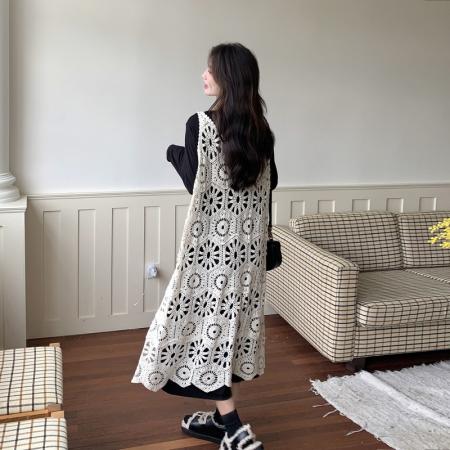 FA39547# 法式蕾丝镂空叠穿T恤裙套装秋季新款宽松慵懒风连衣裙两件套 服裝批發女裝批發服飾貨源