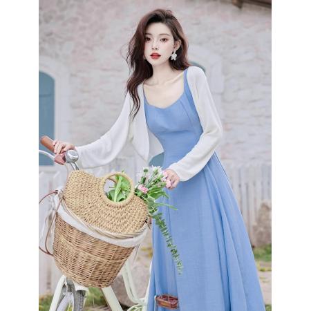 FA39548# 春秋多巴胺法式套装裙海边度假复古吊带连衣裙高级感小众绝美裙子 服裝批發女裝批發服飾貨源