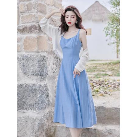 FA39548# 春秋多巴胺法式套装裙海边度假复古吊带连衣裙高级感小众绝美裙子 服裝批發女裝批發服飾貨源