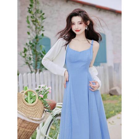 FA39548# 春秋多巴胺法式套装裙海边度假复古吊带连衣裙高级感小众绝美裙子 服裝批發女裝批發服飾貨源