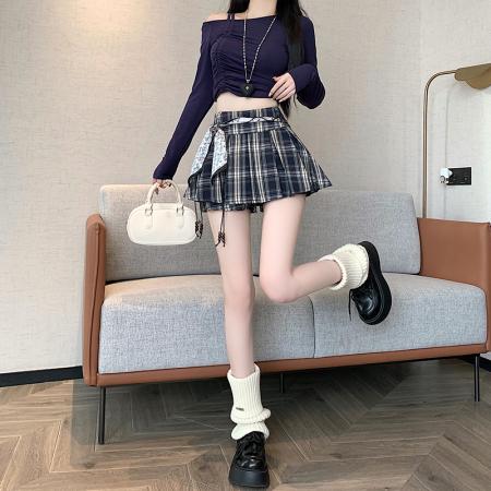 FA39552# 秋冬新款时尚百搭高腰百褶裙裤时尚减年格子裙 服裝批發女裝批發服飾貨源